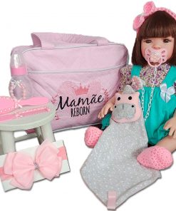 Bebê Reborn Menina Silicone Castanhos 48cm - Enxoval Completo Bolsa Luxo - 30 ITENS